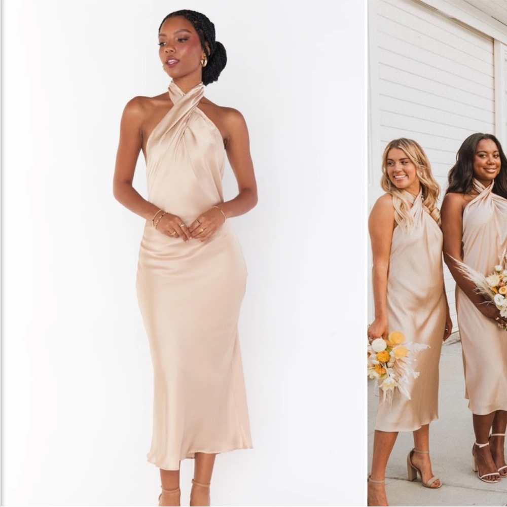 Show Me Your Mumu Jasmine Halter Midi Dress in True Gold Luxe Satin XS